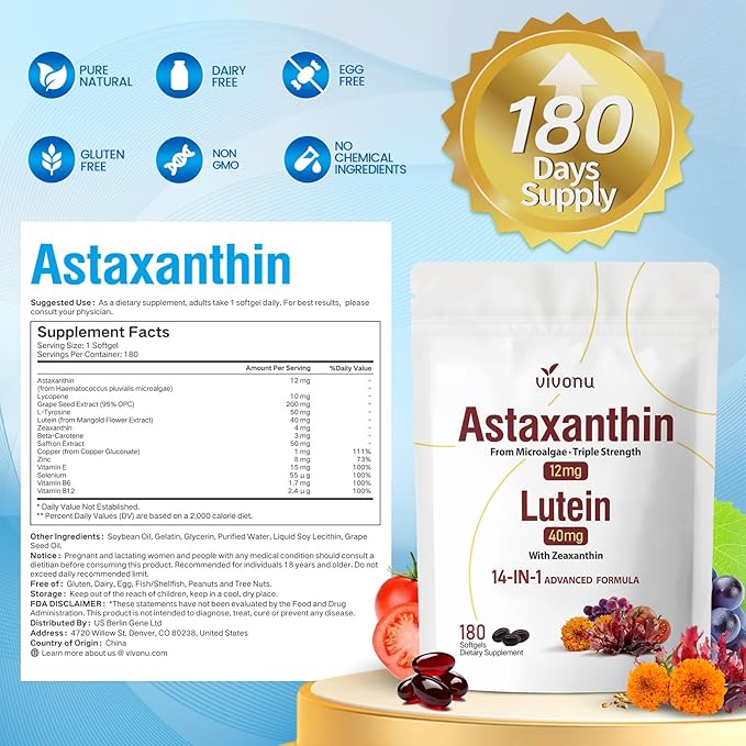 14-in-1 Astaxanthin 12mg &amp Lutein 40mg with Zeaxanthin Supplements 24 Month Supply Fresh Microalgae Source Supports Eye Skin Antioxidant Joint Circulatory Health Non-GMO Gluten Free 4 Ba