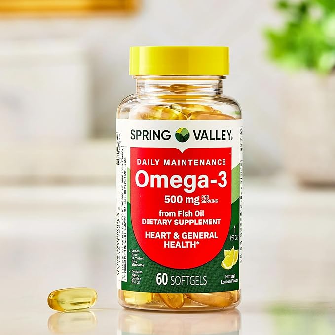 SUREFECT Spring Valley Daily Maintenance Omega-3 from Fish Oil Dietary Supplement Softgels for General &amp Heart Health Support Lemon Flavor 500 mg 60 Count Organizer.