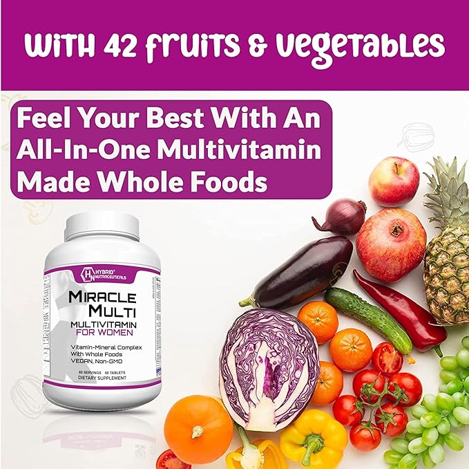 Hybrid Nutraceuticals MiracleMulti Women Multivitamin with Probiotics Biotin Folic Acid Enzymes + Fruit &amp Vegetable Blend - Immune Support Heart Health Energy: 60 Servings (Non-GMO)