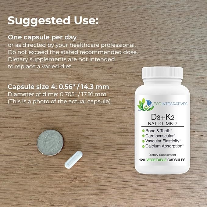 EcoIntegratives D3+K2 10000IU D3 Cholecalciferol 100mcg MK7 Nattokinase Bone Neuromuscular Cardiovascular &amp Immune Support Promotes Calcium Homeostasis Allergen Free 120 Capsules