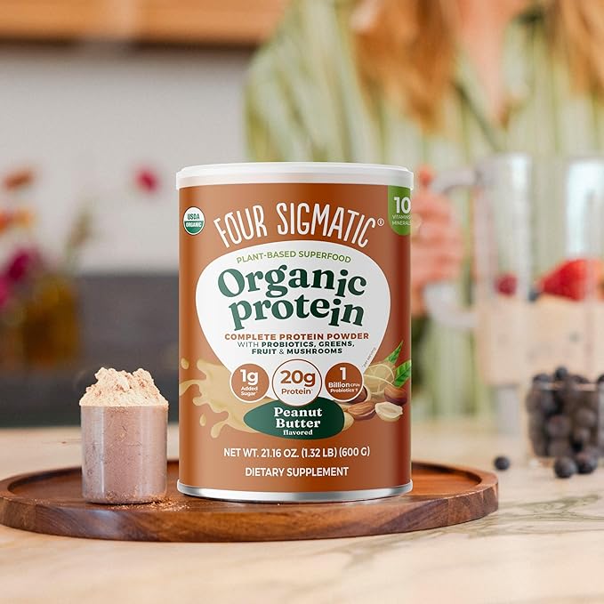 Four Sigmatic Organic Plant-Based Protein Powder | Clean Vegan Protein Elevated with Lion’s Mane Chaga Cordyceps and More for Brain Function and Immune Support | Peanut Butter 21.16 oz