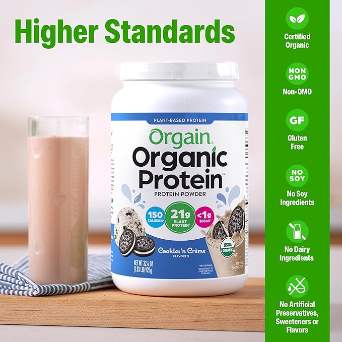 Orgain Organic Vegan Protein Powder Cookies &amp Cream - 21g Plant Based Protein 7g Prebiotic Fiber Low Net Carb No Lactose Ingredients No Added Sugar Non-GMO For Shakes &amp Smoothies 2.03