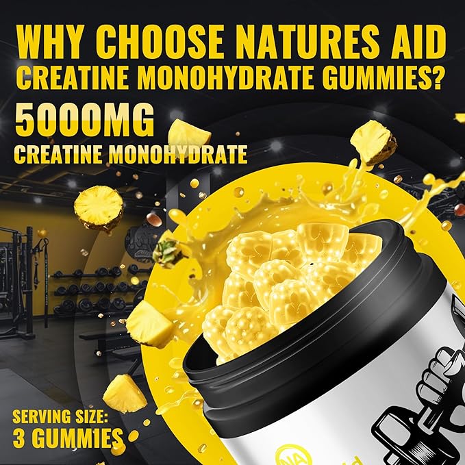 Natures Aid NSF Certified Creatine Gummy 5g - Creatine Monohydrate Gummies – Pre-Workout Energy &amp Muscle Growth Support for Men &amp Women | Pineapple Electrolyte Gummies (135 Count)