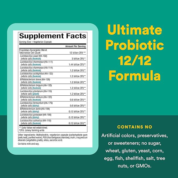 Natural Factors Ultimate Probiotic 12/12 Formula - Digestive Health Support Supplement with Probiotics - Immunity &amp Gut Health Support Supplement - 60 Vegetarian Capsules (60 Servings)