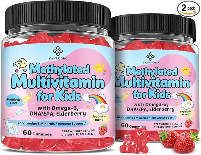 Kids Multivitamin Gummies with Omega-3 (Dha+Epa) Methylated B12 &amp Folate B6 B2 &amp Elderberry Vitamin D3 C A E Zinc Postbiotics Choline | for Brain Eye &amp Immune Clean Sugar Free