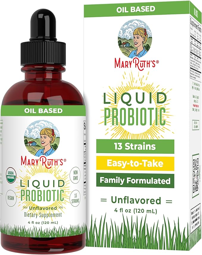 MARYRUTH'S Organics Liquid Probiotic for Ages 4+ | 2 Billion CFU | 13 Probiotic Strains | Gut Health &amp Digestive Support | Gas &amp Bloating Support | Vegan | Gluten Free | Travel-Friendly | 40 S