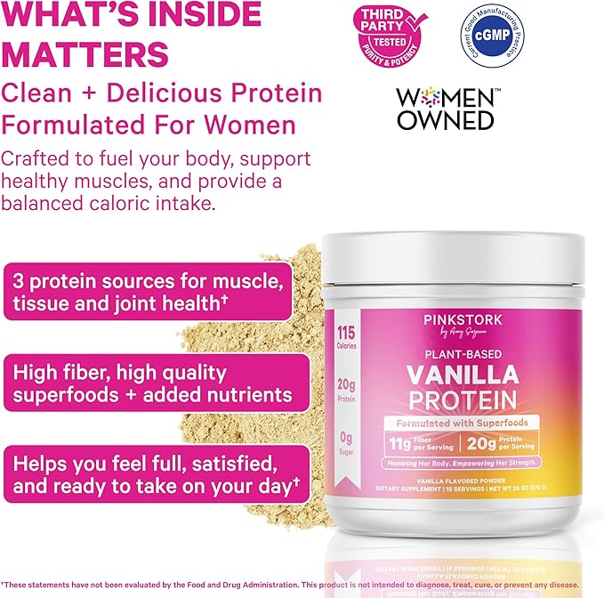 Pink Stork Protein Powder for Women 20g Plant Based Protein Powder with Fiber + Superfoods Gluten Free Dairy Free Sugar Free Pregnancy Friendly Vanilla Protein Shake - 15 Scoops
