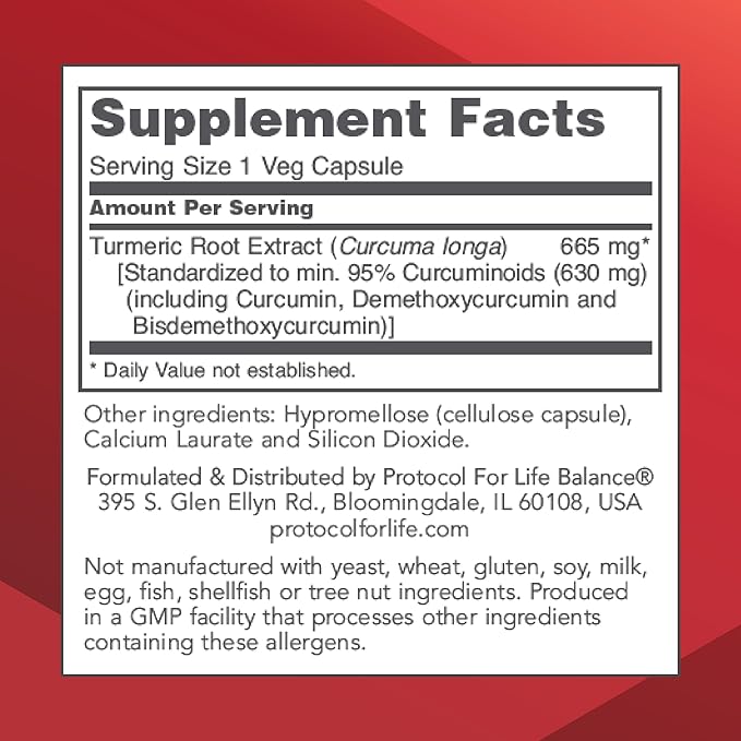 PROTOCOL FOR LIFE BALANCE Curcumin Turmeric Root Extract - 95% Standardized Curcuminoids - 665 mg Curcumin - Curcumin Turmeric Supplements - Non-GMO &amp Kosher - 60 Veg Capsules