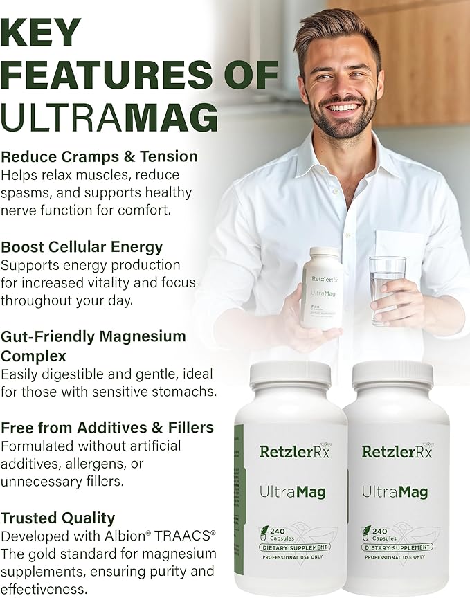 RetzlerRx UltraMag 125 Magnesium Glycinate Supplement - 240 Capsules with Patented TRAACS for Enhanced Absorption - Supports Cardiovascular Health Muscle Function Bone Health &amp Strength