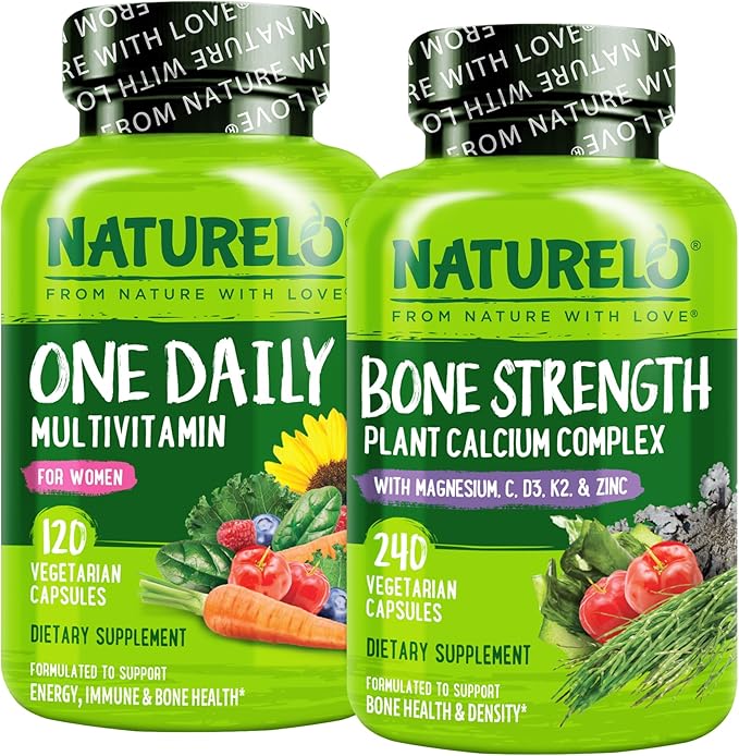 NATURELO Calcium Supplement for Bone Strength with Calcium 600mg - 240 Capsules and One Daily Multivitamin for Women - 120 Capsules - 4 Month Supply Bundle