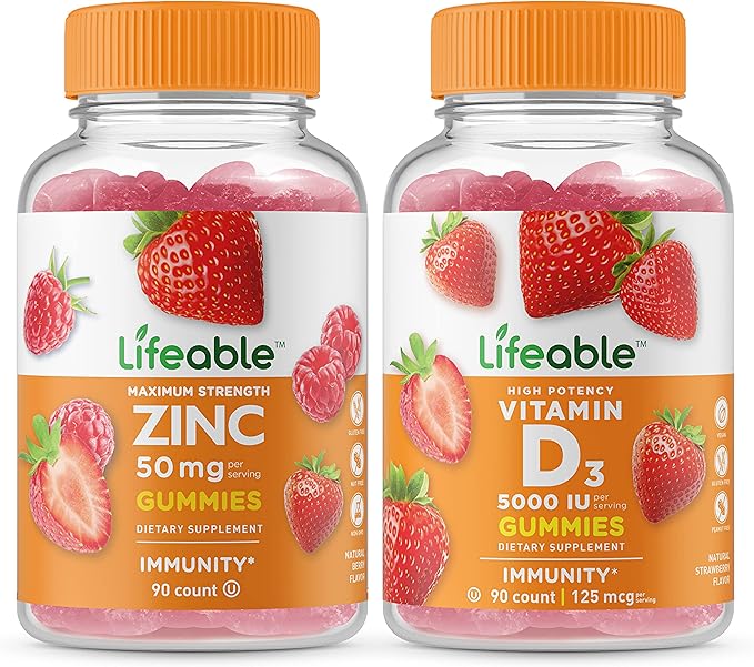Lifeable Zinc 50mg + Vitamin D 5000 IU Gummies Bundle - Great Tasting Vitamin Supplement Gluten Free GMO Free Chewable Gummy