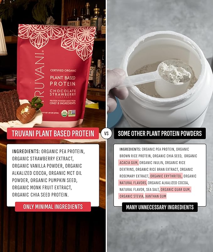 Truvani Vegan Pea Protein Powder | Chocolate Strawberry | 20g Organic Plant Based Protein | Single Serving Travel Packets | 10 Servings | Keto | Gluten &amp Dairy Free | Low Carb | No Added Sugar