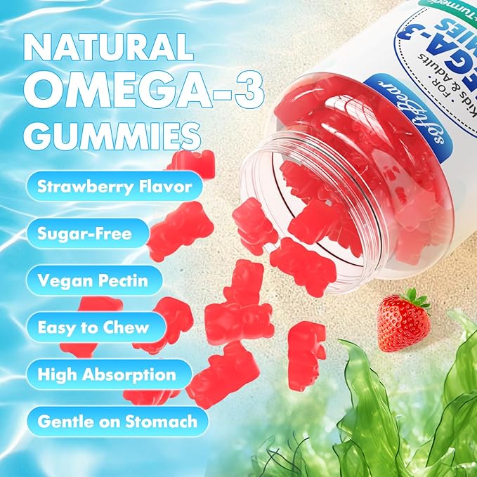 softbear Omega 3 Gummies for Women &amp Men &amp Kids Omega 3 Supplements 1200mg Vegan Omega 3 Fatty Acids DHA EPA with Vitamins Support Eye &amp Brain Health Sugar Free Strawberry Flavor 120 Cou