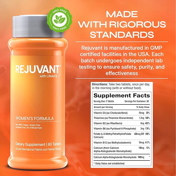 Rejuvant Women's AKG Longevity Supplement 1000MG Ultra 98% Pure (Calcium Alpha-Ketoglutarate) Patented Vitamin Rich Controlled Release Formula Supports Cell Repair and Quality of Life 180 Tablets