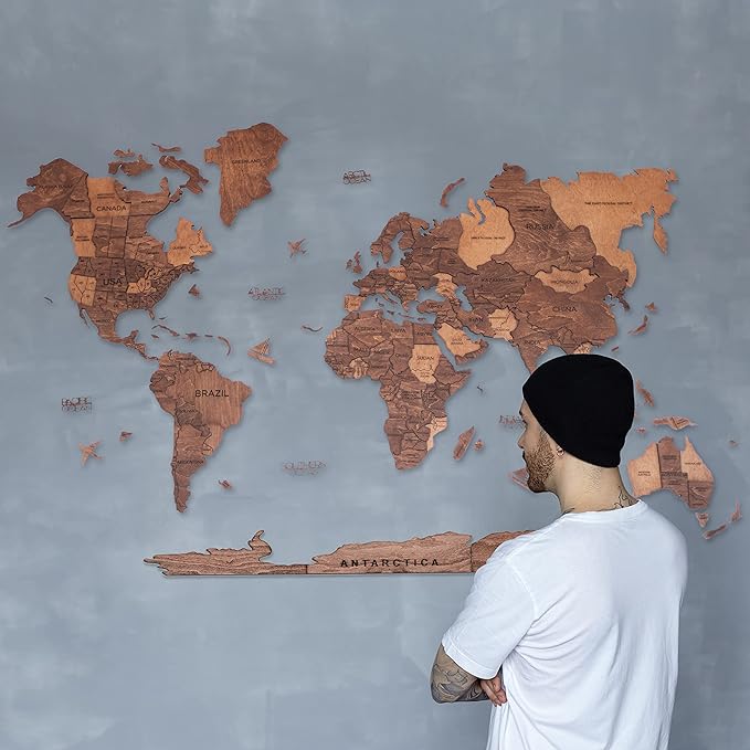 Handmade 3D Wood World Map Wall Art Large Wall Decor Track Your World Travels - Special for Home Kitchen and Office (Large Oak)