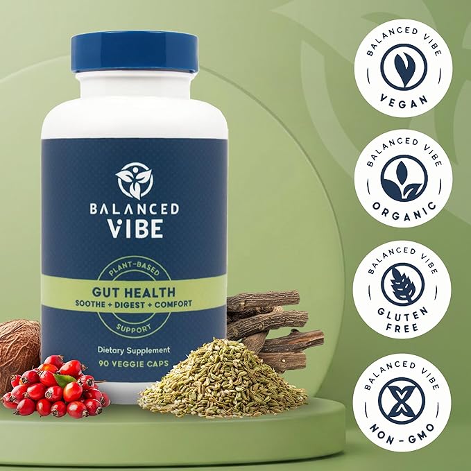 Balanced Vibe Gut Health Supplement – Digestive Comfort &amp Gut Support for Better Nutrient Absorption – Plant-Based with L-Glutamine and Triphala – Vegan 90 Capsules