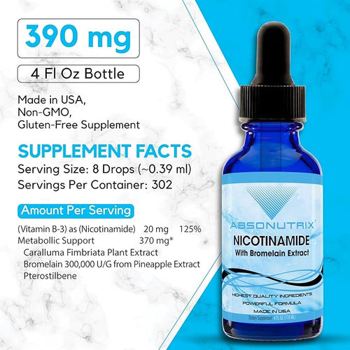 Absonutrix Nicotinamide with Bromelain Extract Advanced Formula 390 mg 4 Oz Liquid 302 Servings Made in USA Quick Absorption Quality Potent Ingredients Non-GMO GMP Certified Facility