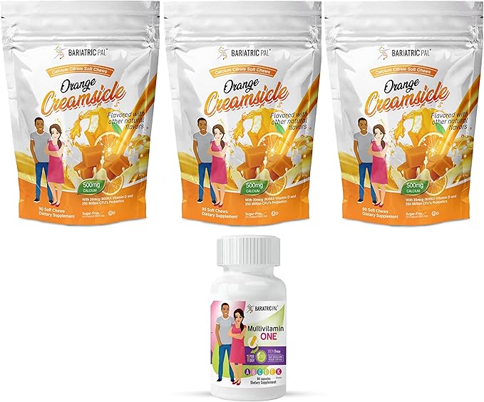 90-Day Bariatric Vitamin Bundle by BariatricPal (Multivitamin ONE 1 per Day! Iron-Free Capsule and Calcium Citrate Soft Chews 500mg with Probiotics - Orange Creamsicle)