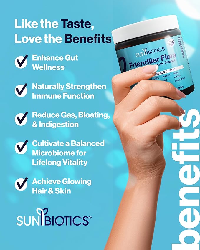 SUNBIOTICS Friendlier Flora - Prebiotic &amp Probiotic Powder for Women &amp Men with 20 Billion CFUs of 4 Probiotic Strains for Good Gut Flora Immune System &amp Balanced Microbiome - Vanilla 2