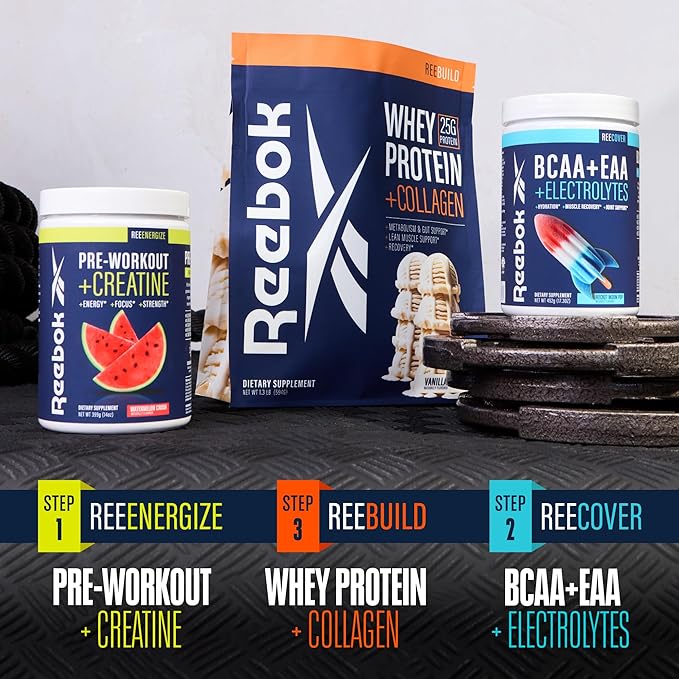 Reebok Whey Protein Powder + Collagen Peptides | 25g Protein with 9 Essential Amino Acids | Muscle Recovery Joint &amp Gut Support | Informed-Sport Certified | REEbuild Vanilla Ice Cream Flavor 1.3