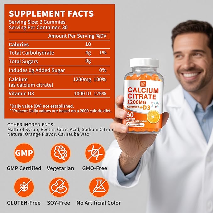 (2 Pack) Calcium Citrate 1200 mg with Vitamin D3 Gummies for Women &amp MenCalcium Supplements for Bone &amp Teeth SupportHigh Absorption - Easy to Digest Sugar FreeVeganOrange Flavor60 Day Su