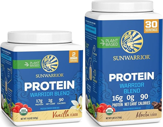 Sunwarrior Mocha &amp Vanilla Organic Plant Based Protein Powder Set | Bundle &amp Save | Vegan Organic Protein Powder | Non-GMO Soy Dairy Filler &amp Gluten Free (17 Servings Vanilla 30 Servings