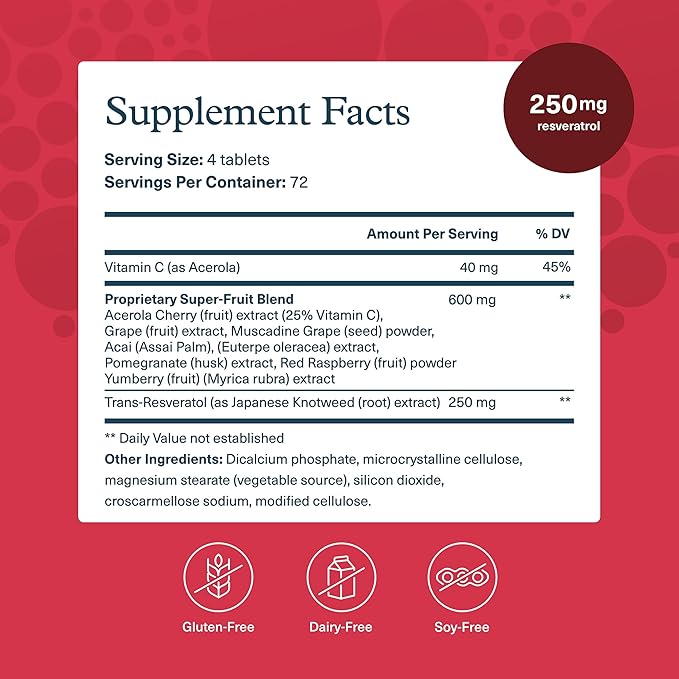 Youtheory Resveratrol Advanced Antioxidant Formula - Premium Antioxidant Supplement with Super-Fruit Blend - Contains ResVida - Dairy Soy &amp Gluten Free - 290 Tablets