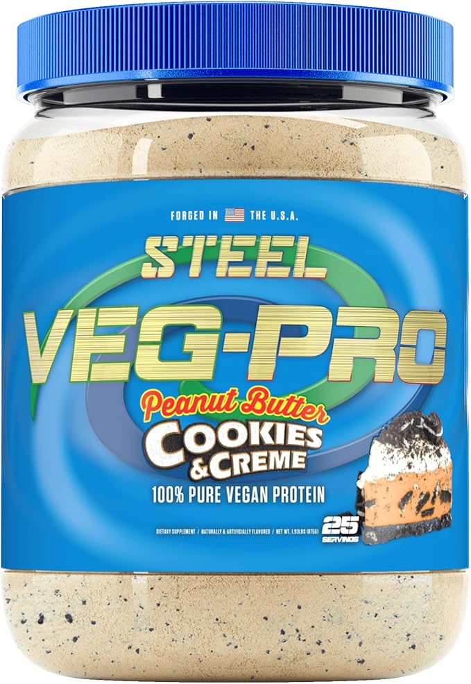 Steel Supplements Veg-PRO | Vegan Protein Powder Peanut Butter Cookies &amp Creme | 25 Servings (1.93lbs) | Vegan Protein Powder with BCAA Amino Acid | Non Dairy | Low Carb Formula