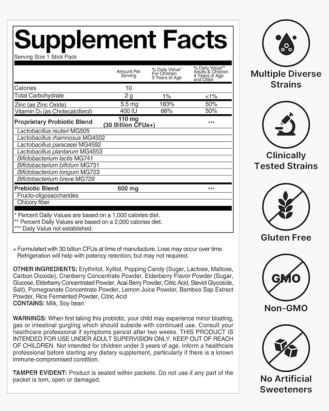 K-Nutra Yummy Tummy Probiotics for Kids | 2.12oz (30 Sticks) | 3-in-1 Prebiotic &amp Probiotic Powder | 30 Billion CFUs | Supports Digestive &amp Supports Immune Health | for Ages 3+