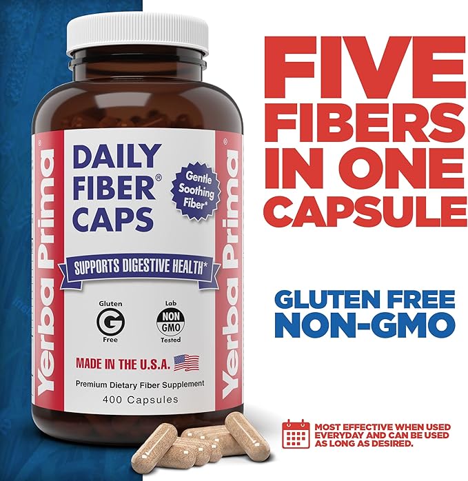 Yerba Prima Daily Fiber Caps Formula 400 Capsules (Pack of 2) - Both Soluble/Insoluble Fiber with Psyllium Seed Husks Acacia Gum Apple Fiber Supplement