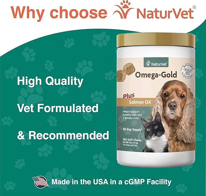 NaturVet – Omega-Gold Plus Salmon Oil | Supports Healthy Skin &amp Glossy Coat | Enhanced with DHA EPA Omega-3 &amp Omega-6 | for Dogs &amp Cats | 180 Soft Chews