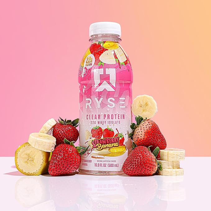 RYSE Clear Protein Drink - Strawberry Banana - 100 Calories 22g Whey Isolate Protein Shake Sugar-Free 0g Fat &amp Lactose-Free - Refreshing Ready-to-Drink Beverage - 16.9 fl oz Bottles (12-Pack)