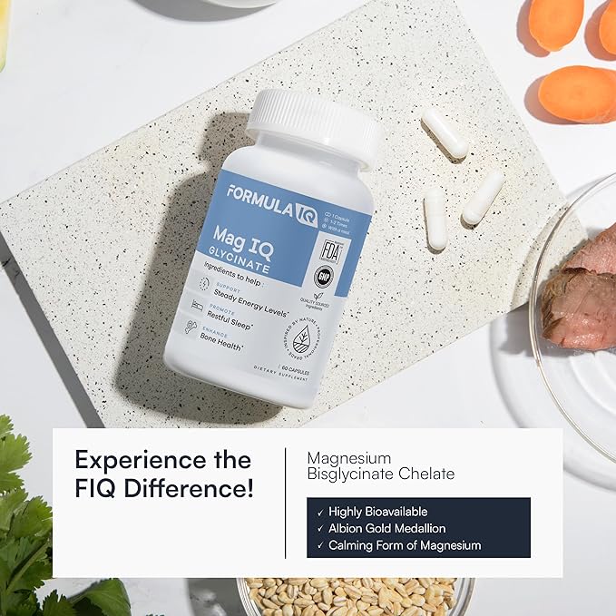Formula IQ - Mag IQ Glycinate - Magnesium Bisglycinate Chelate TRAACS - High Absorption Magnesium Glycinate Supplement - Sleep Daily Energy &amp Bone Wellness - 60 Capsules