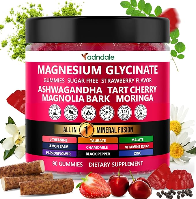 Adndale Magnesium Glycinate 400 mg Gummies with Ashwagandha Magnesium Malate &amp Taurate Tart Cherry Magnolia Bark Lemon Balm Passionflower Chamomile L-Theanine Zinc Vitamin K2 &amp D3. 90