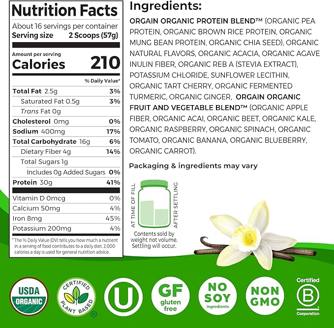 Orgain 30g High Protein Ready To Drink Shake Vanilla Bean 11 Fl Oz (Pack of 12) + Orgain Organic 30g Vegan Protein Powder Vanilla 2.01 lb (Packaging May Vary) Bundle