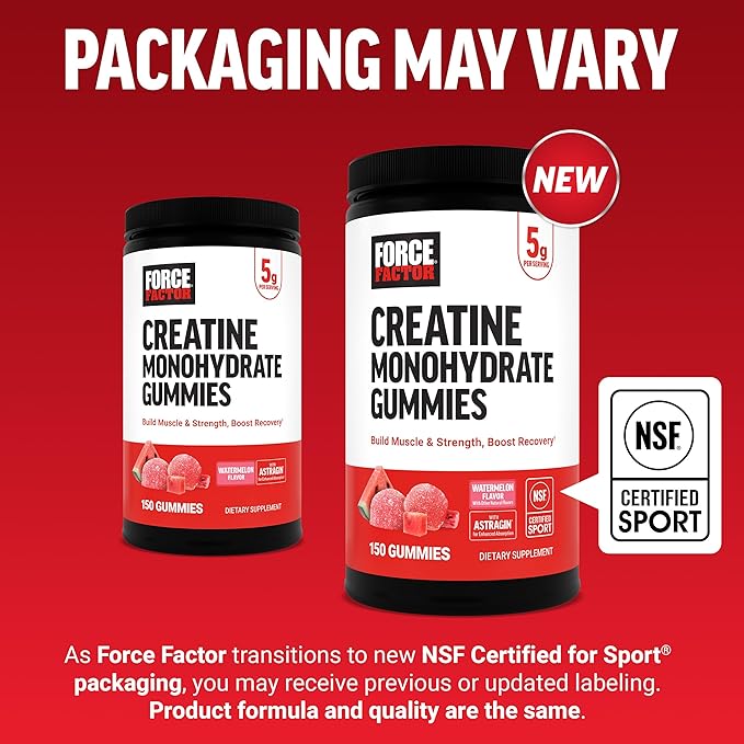 Force Factor Creatine Monohydrate Gummies NSF Certified 5g Dose for Men &amp Women to Support Muscle Strength Recovery Cognitive Health &amp Memory Packaging May Vary Watermelon 150 Gummies
