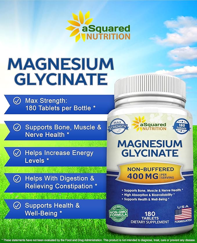 aSquared Nutrition Magnesium Glycinate 400mg - 180 Tablets - Max Strength Magnesium Bisglycinate Supplement -Maximum Bioavailability &amp Absorption-Non-GMO -Not Buffered-Supports Muscles Bones &amp