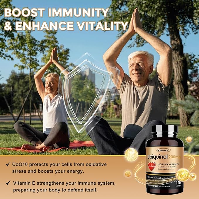 ZEBORA Ubiquinol CoQ10 200mg Softgels 4-in-1 Powerful Antioxidant for Heart and Vascular Health Essential for Energy Production Max Absorption Active Form of CoQ10 120 Softgels (Pack of 2)