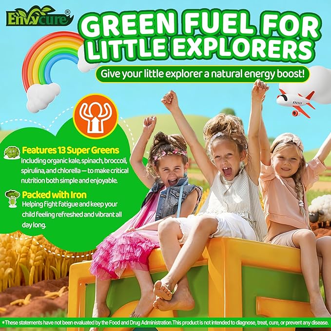 Kids Super Greens Gummies w/Multivitamins 20+ Veggie Fruit Prebiotics Calcium Omega-3 (DHA/EPA) Kids Vitamins Greens Superfood Gummies for Picky Eaters Growth Energy Immune Digestion 2 Pack