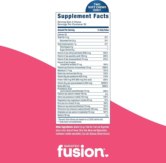 Bariatric Fusion Bariatric Multivitamin Chewable Soft Chew | Cherry Pineapple Flavor | Chewy Vitamins for Post Bariatric Surgery Patients | 60 Count | 1 Month Supply