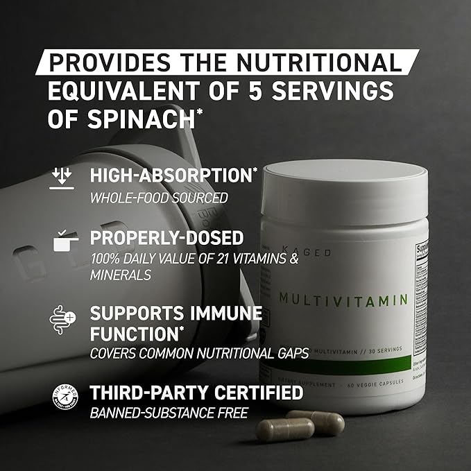 Kaged Multivitamin Capsules | Unflavored | Whole Foods Organic Fruits &amp Veggies | Plant Based Vegan Multivitamin | Vitamin C D E B12 | Supplements for Men &amp Women | 30 Servings