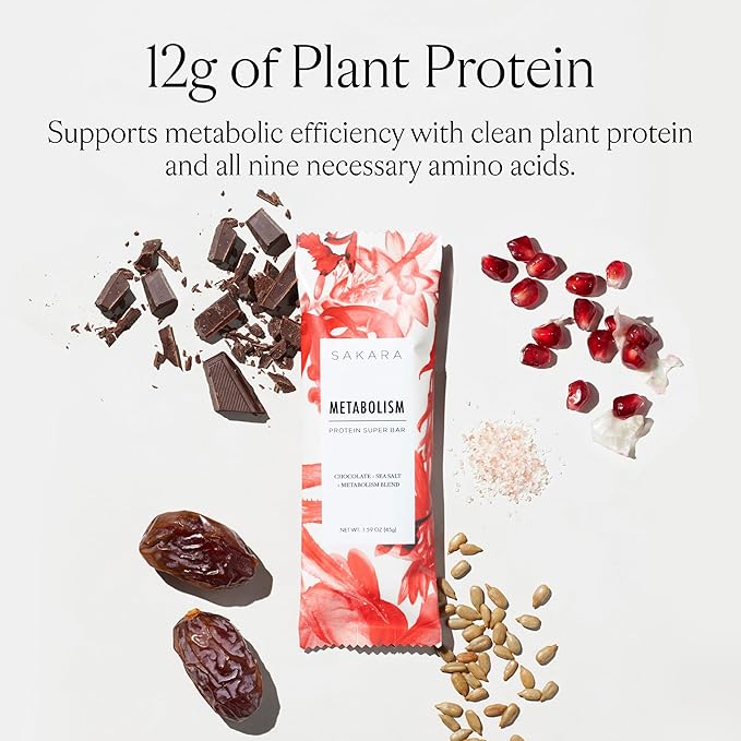 SAKARA Metabolism Super Bar – Healthy Nutritious Vegan Protein Bars Clean Ingredients Low Sugar Gluten-Free On-the-Go Snacks with 9g Fiber Sea Salt Chocolate 12g Plant-Based Protein