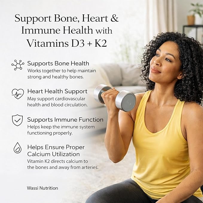 Vitamin D3 + K2 (MK-7) Capsules 5000 IU Vitamin D3 with Calcium &amp BioPerine® Bone &amp Heart Support Formula Non-GMO Gluten-Free 60 Capsules