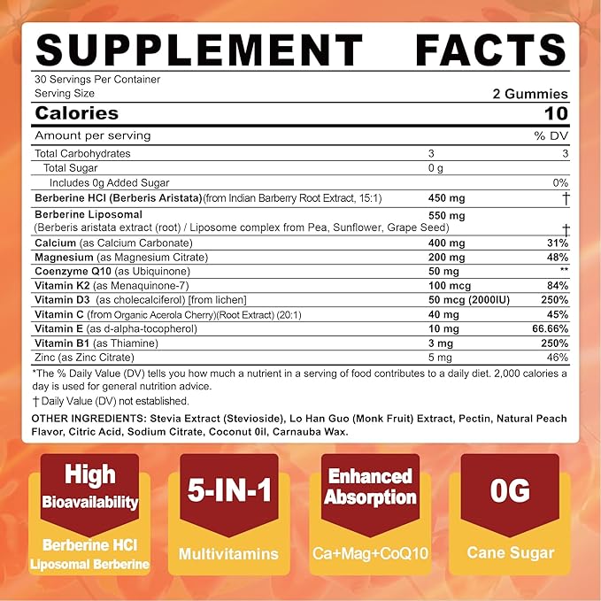 Berberine Supplement Gummies Sugar Free Extra Absorption with Liposomal Berberine &amp Berberine HCI Calcium Magnesium AMPK Activitor for Sugar &amp Level Immune Energy Metabolism -Pack of 2