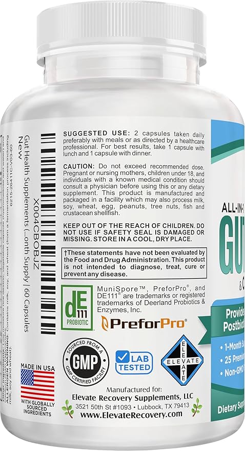 Gut Health Support Supplement (25-in-1) with Prebiotics Probiotics Postbiotics &amp Digestive Enzymes | Gut Supplements | 60 Capsules
