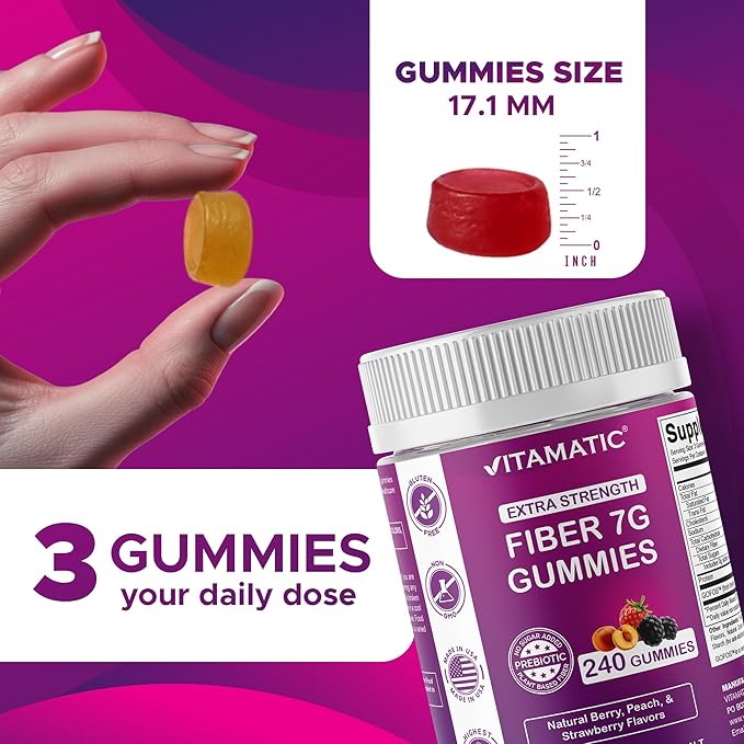 Vitamatic Prebiotic Fiber Gummies for Adults 7G Extra Strength Zero Sugar Added 240 Pectin Based Gummies Digestive Health &amp Regularity Support