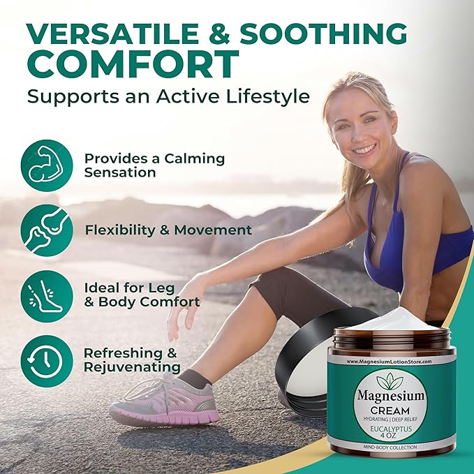 Magnesium Cream with Eucalyptus Scent Topical Cream for Sleep Leg Cramps &amp Pain Muscle Relaxation Calm Moisturizing Supplement with Coconut Oil Shea Butter Aloe 4oz USA Made