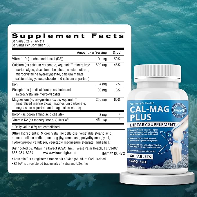 Rawleigh Cal-Mag Plus: 60 Tablets 600mg Calcium 250mg Magnesium Aquamin Vitamin D3 &amp K2 Boron Phosphorus 7 Forms of Calcium &amp 5 Forms of Magnesium High Absorption Bone &amp Joint Supp