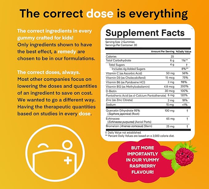 A Dose of Immunity Kids Quercetin with Vitamin C Zinc Vitamin D 100mg Quercetin Bromelain Echinacea 60 Gummy Count (Pack of 1)