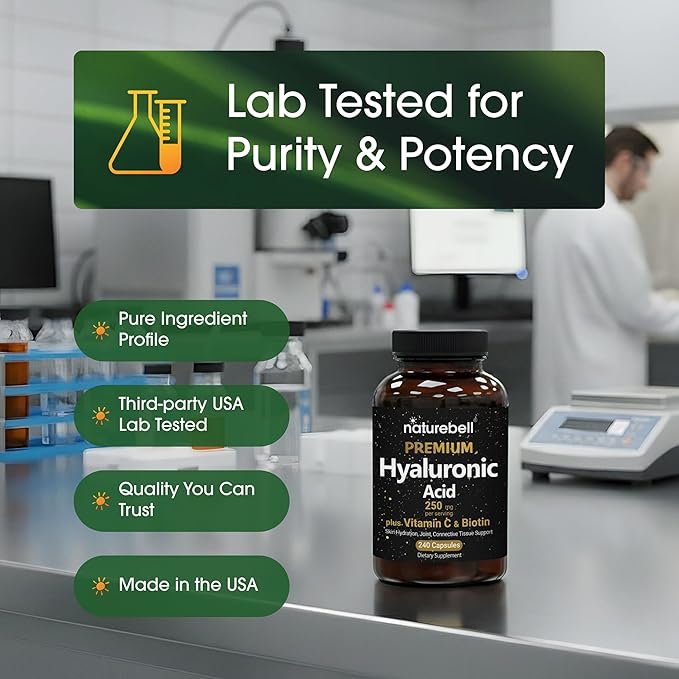 NatureBell Hyaluronic Acid 250mg - 240 Capsules - 250mg Hyaluronic Acid 5000mcg Biotin &amp 25 mg Vitamin C - Supports Skin Hair Bone Eye &amp Joint Health*